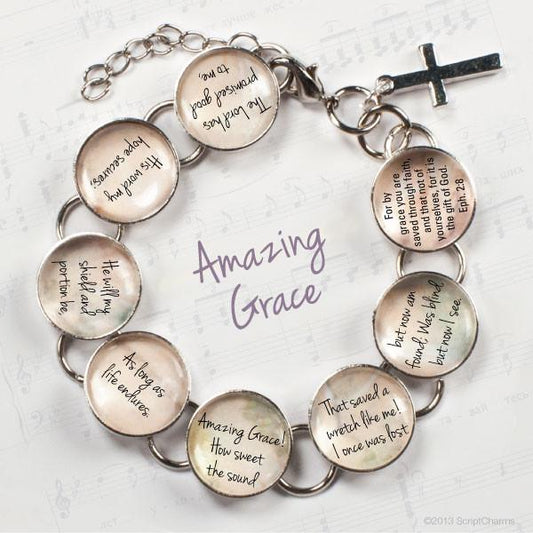Amazing Grace Hymn & Scripture Glass Charm Bracelet – Stainless Steel