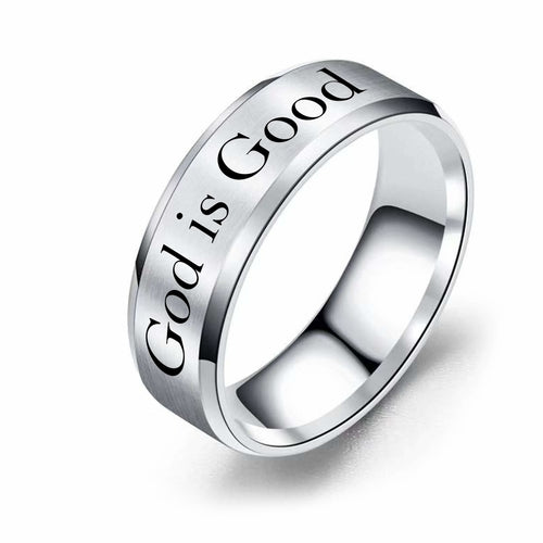 8mm Solid Stainless Steel Comfort Fit Ring in Black - God is Good